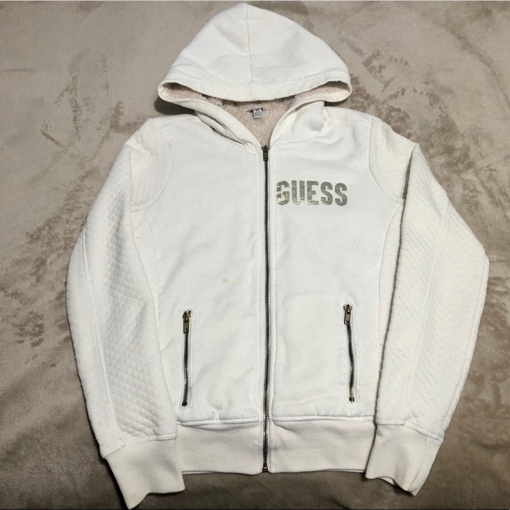 Guess Embellished Logo Sherpa Cotton Zip Up Hoodie